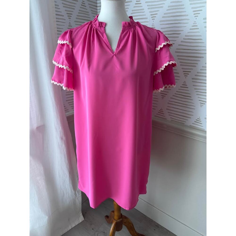 Jess Lea Women’s Large Pink Kersten Ric Rac Ruffle Shift Dress - Picture 2 of 7
